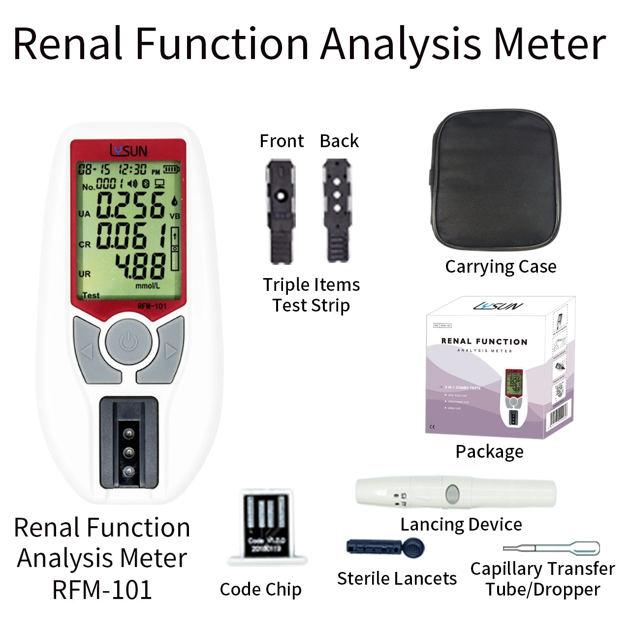 HSRFM-101 Portable 3-in-1 Kidney Renal Function Test Meter Measures Urea Creatinine and Uric Acid Digital Analyzer for Home & Professional Use Fast & Accurate Blood Test Kit