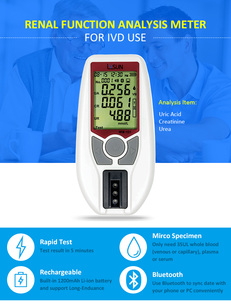 HSRFM-101 Portable 3-in-1 Kidney Renal Function Test Meter Measures Urea Creatinine and Uric Acid Digital Analyzer for Home & Professional Use Fast & Accurate Blood Test Kit