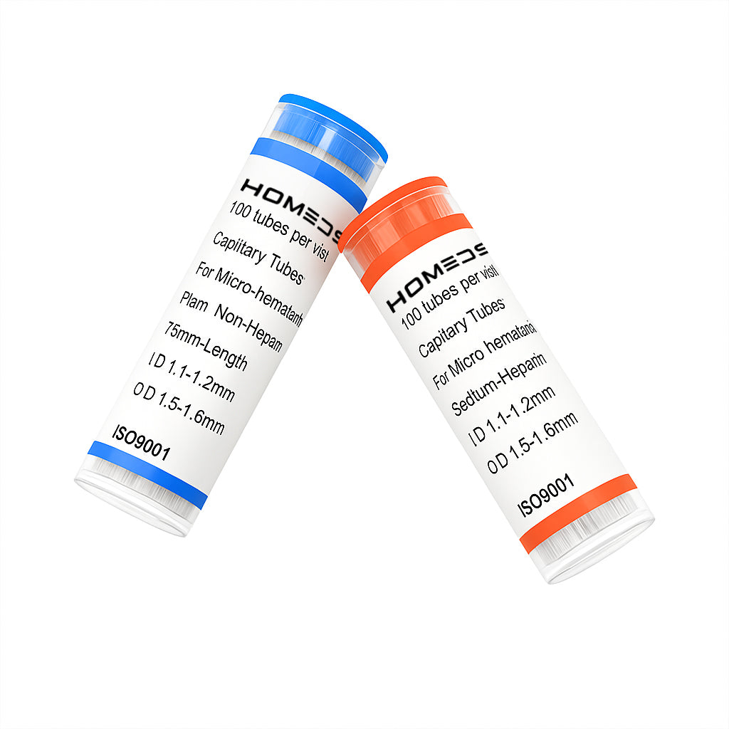HOMEDSUN Capillary Sampling Tubes, 100-Count Vial | Blue = Plain / Red = Heparinized | 75 mm × Ø1.1 mm | Micro-Volume Blood Tests