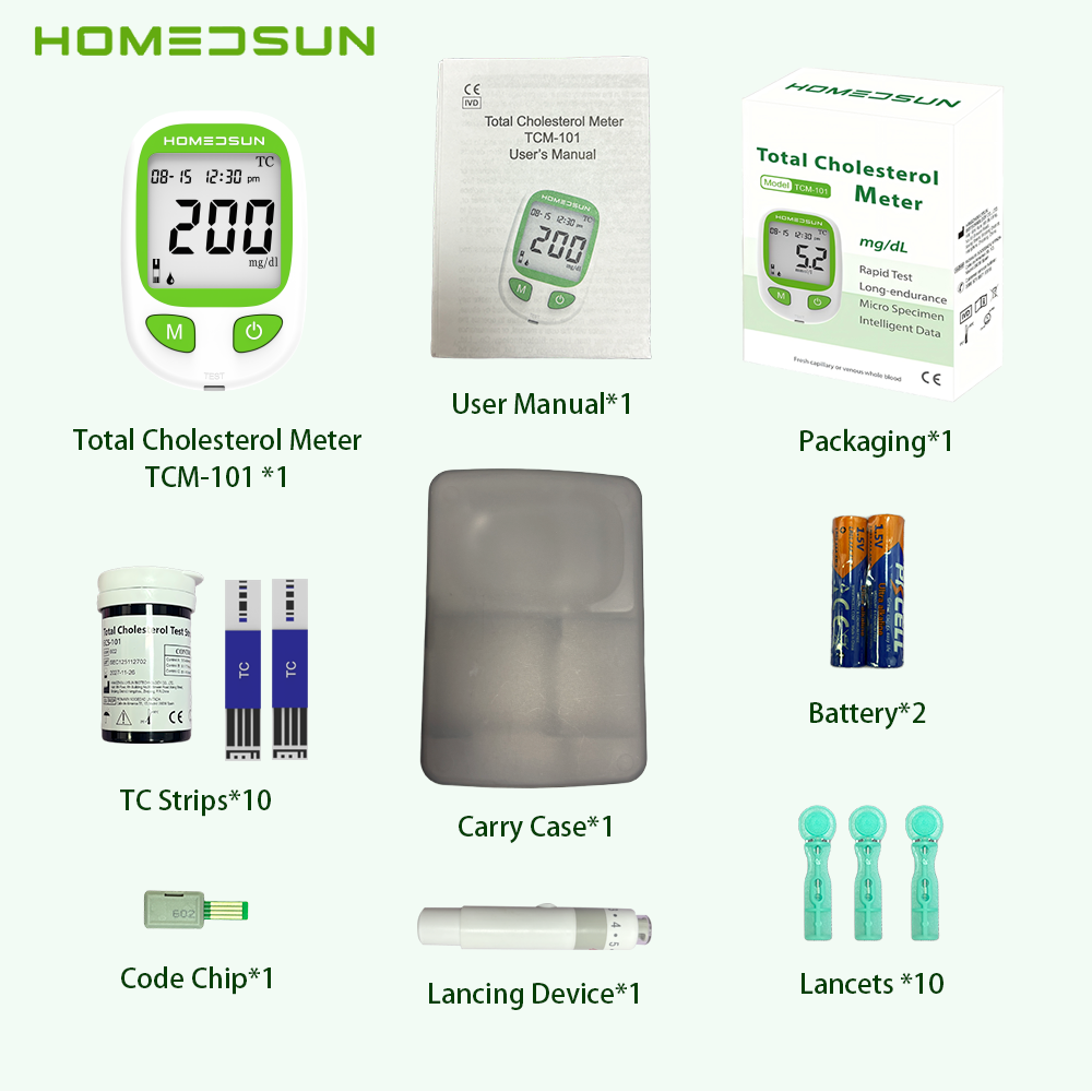 HSTCM101 Total Cholesterol Monitor Kit with 10 Strips Lancets Home lipid panel test meter for cardiovascular health tracking, includes strips and lancets