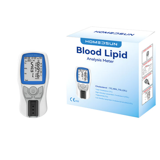 HOMEDSUN HSLPM-102 Portable Cholesterol Testing Kit Home Use 4 in 1 TC HDL LDL Triglyceride Blood Lipid Analysis Meter Device Quick Results Easy to Use with 10Pcs Strips Lancets Droppers