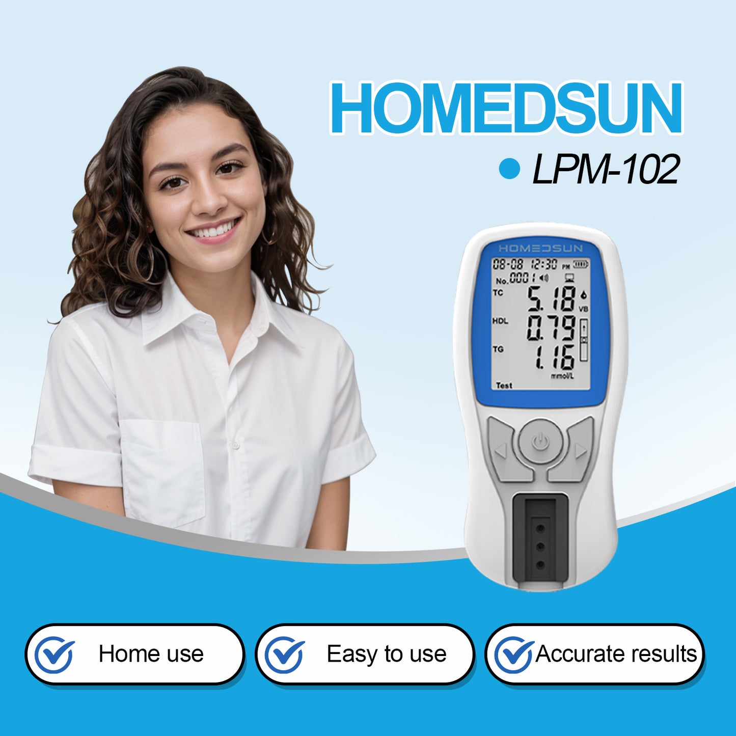 HOMEDSUN HSLPM-102 Portable Cholesterol Testing Kit Home Use 4 in 1 TC HDL LDL Triglyceride Blood Lipid Analysis Meter Device Quick Results Easy to Use with 10Pcs Strips Lancets Droppers