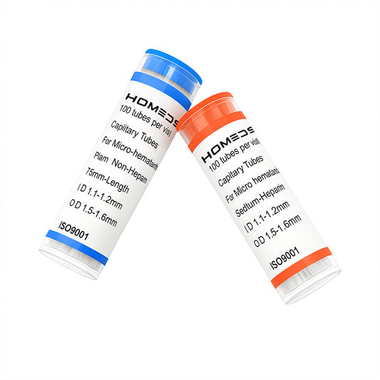 HOMEDSUN Capillary Sampling Tubes, 100-Count Vial | Blue = Plain / Red = Heparinized | 75 mm × Ø1.1 mm | Micro-Volume Blood Tests