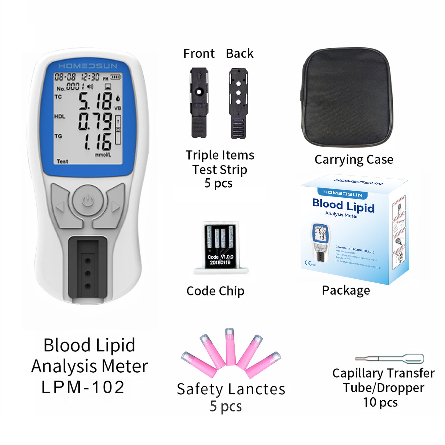 HOMEDSUN HSLPM-102 Portable Cholesterol Testing Kit Home Use 4 in 1 TC HDL LDL Triglyceride Blood Lipid Analysis Meter Device Quick Results Easy to Use with 10Pcs Strips Lancets Droppers