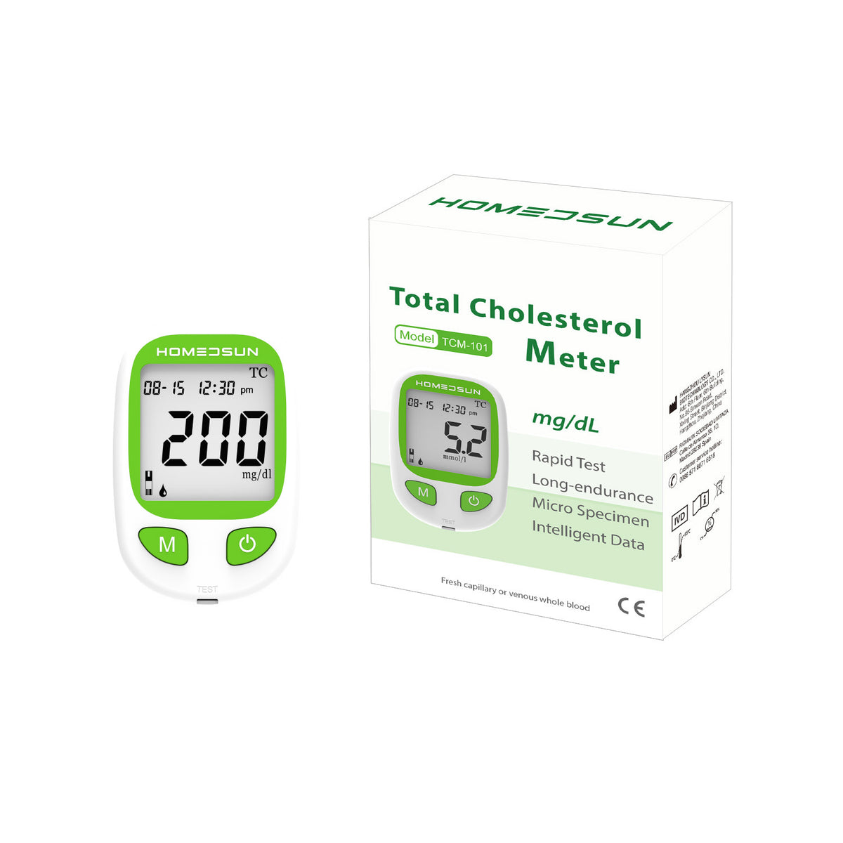HSTCM101 Total Cholesterol Monitor Kit with 10 Strips Lancets Home lipid panel test meter for cardiovascular health tracking, includes strips and lancets