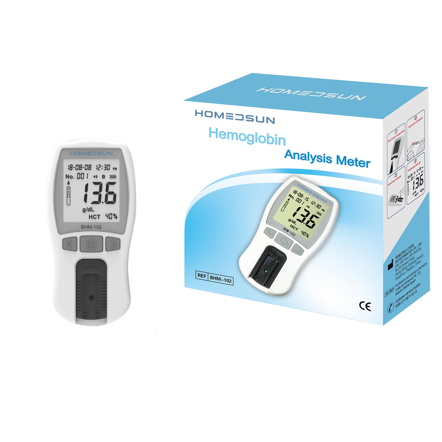 HOMEDSUN HSBHM-102 Home Care Portable Hemoglobin Analysis Test Kit Meter Easy To Use Quick Results With 25Pcs Strips Lancets Droppers