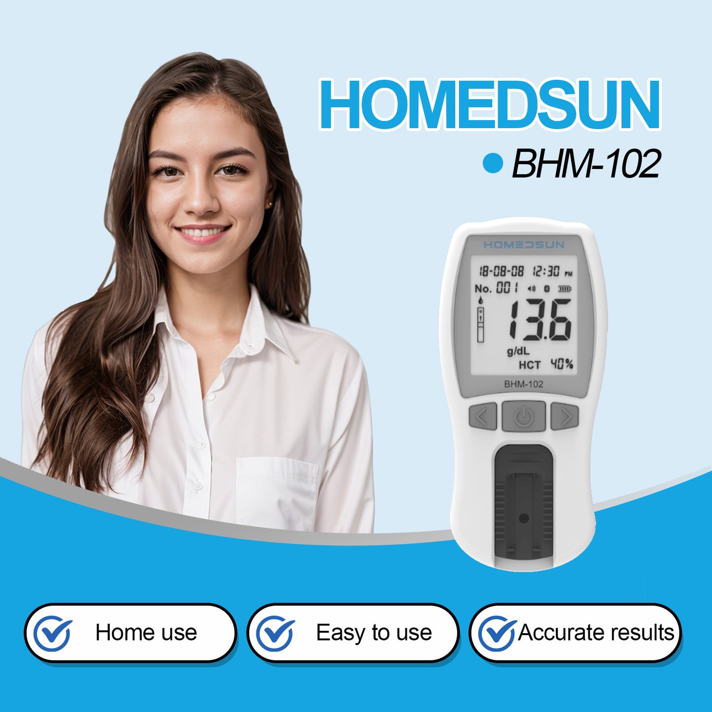 HOMEDSUN HSBHM-102 Home Care Portable Hemoglobin Analysis Test Kit Meter Easy To Use Quick Results With 25Pcs Strips Lancets Droppers